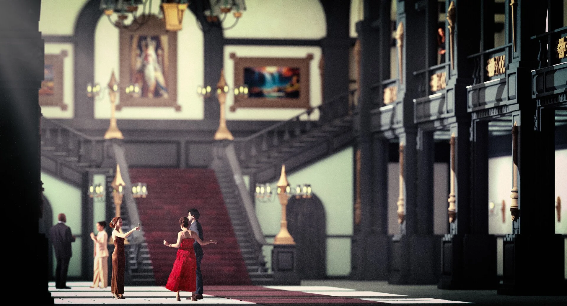 People socializing and taking pictures in a grand, upscale hall with high ceilings, ornate chandeliers, and a red carpeted staircase in the background.