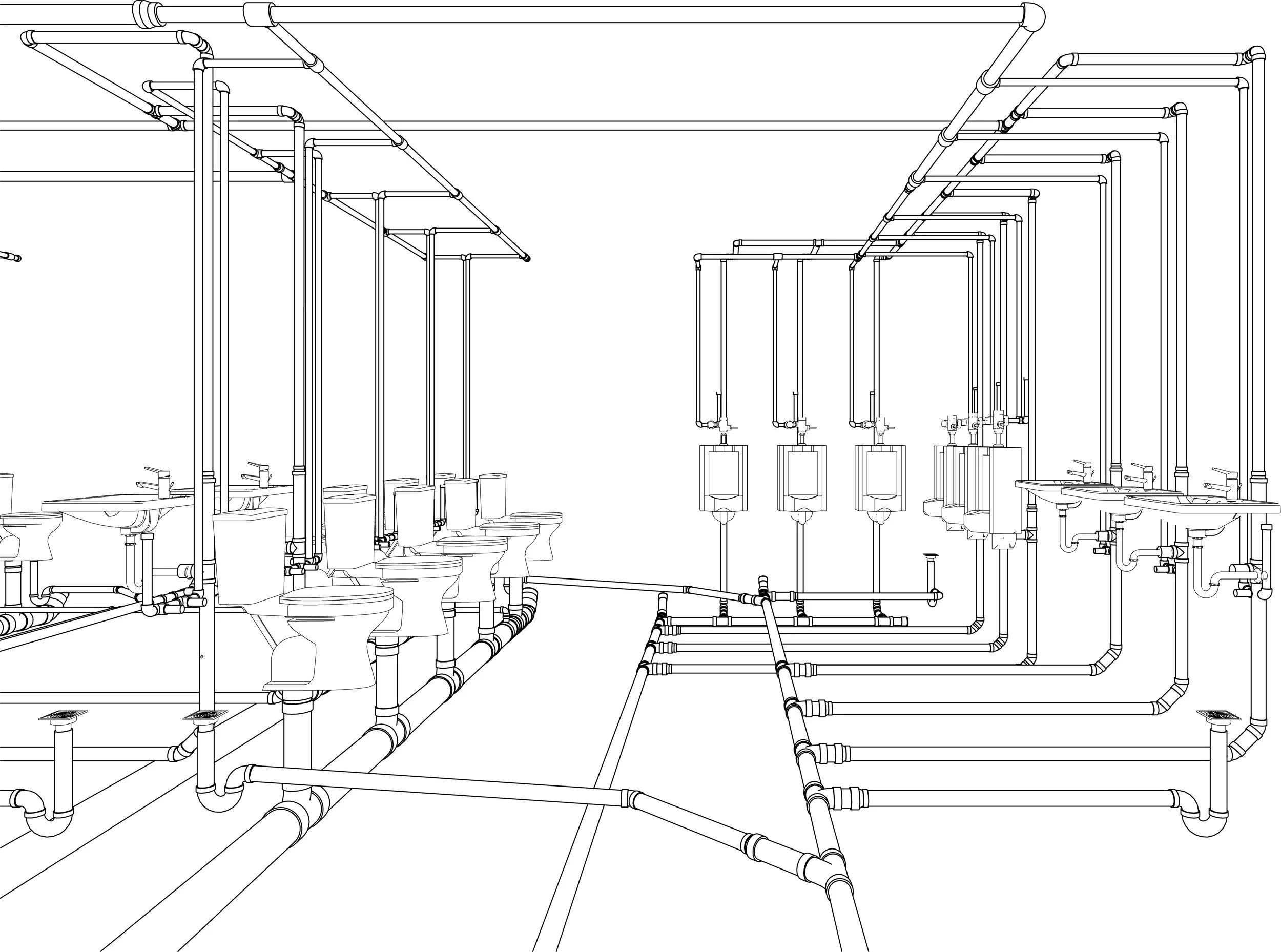 Line drawing of a plumbing system with multiple pipes, toilets, sinks, and tanks in an underground room.