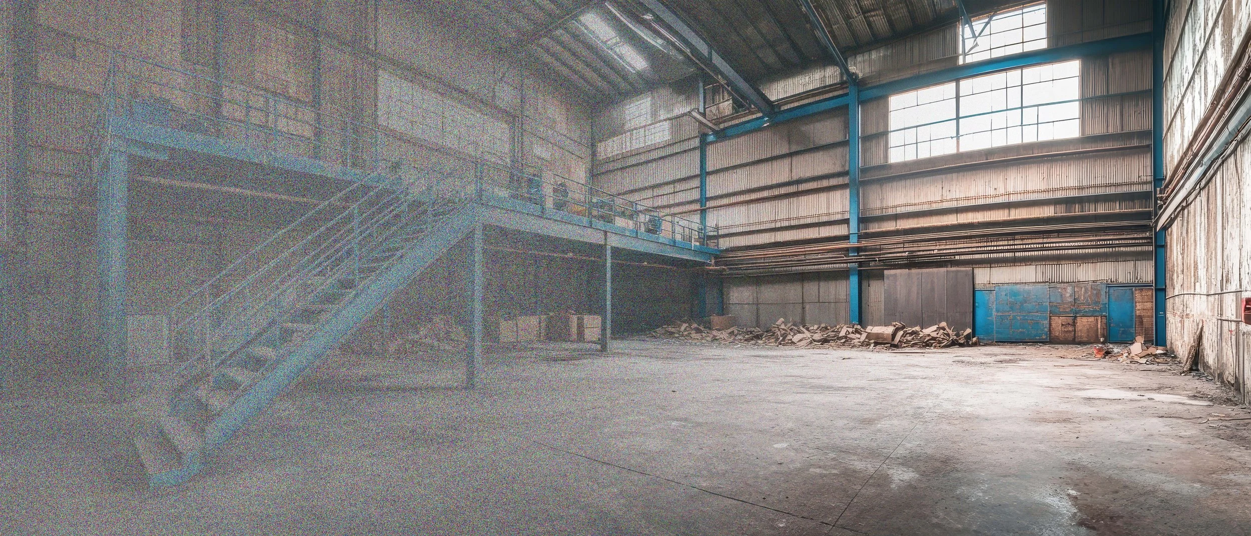 Empty industrial warehouse with large windows, metal stairs, and debris on the floor.