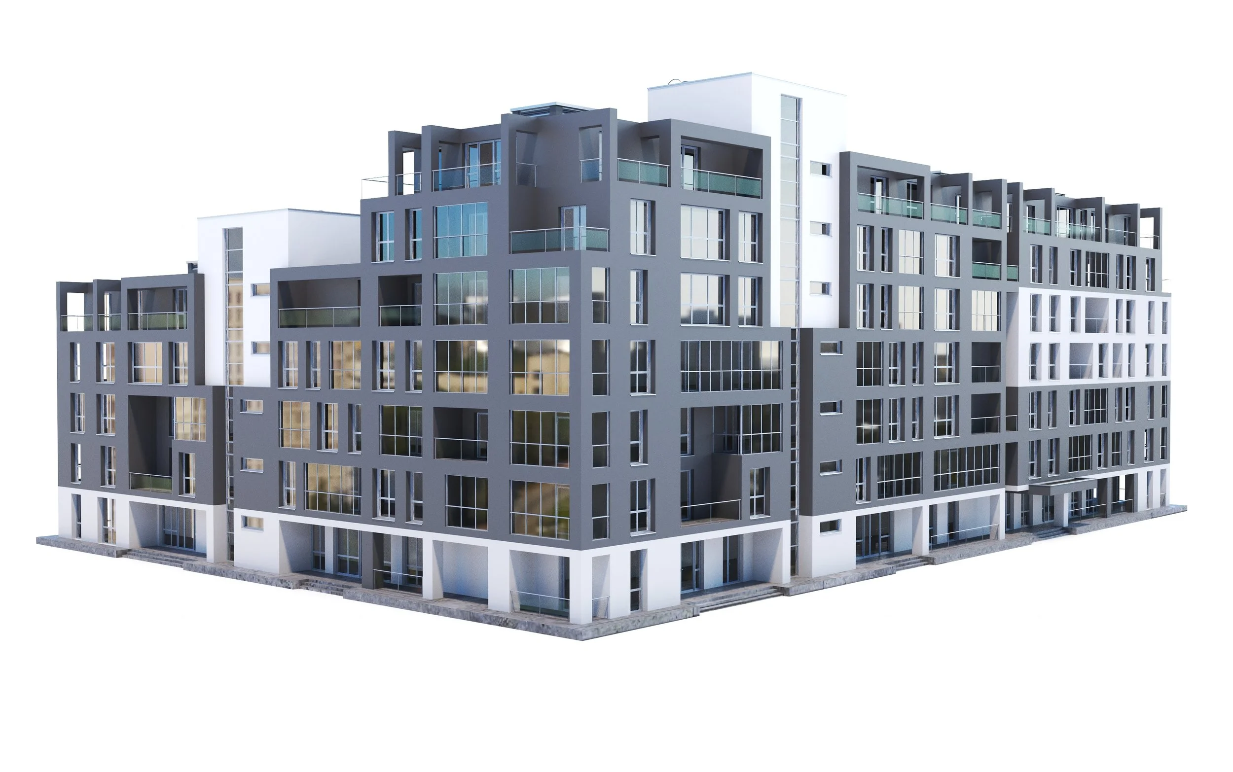 Modern multi-story apartment building with large windows and balconies.