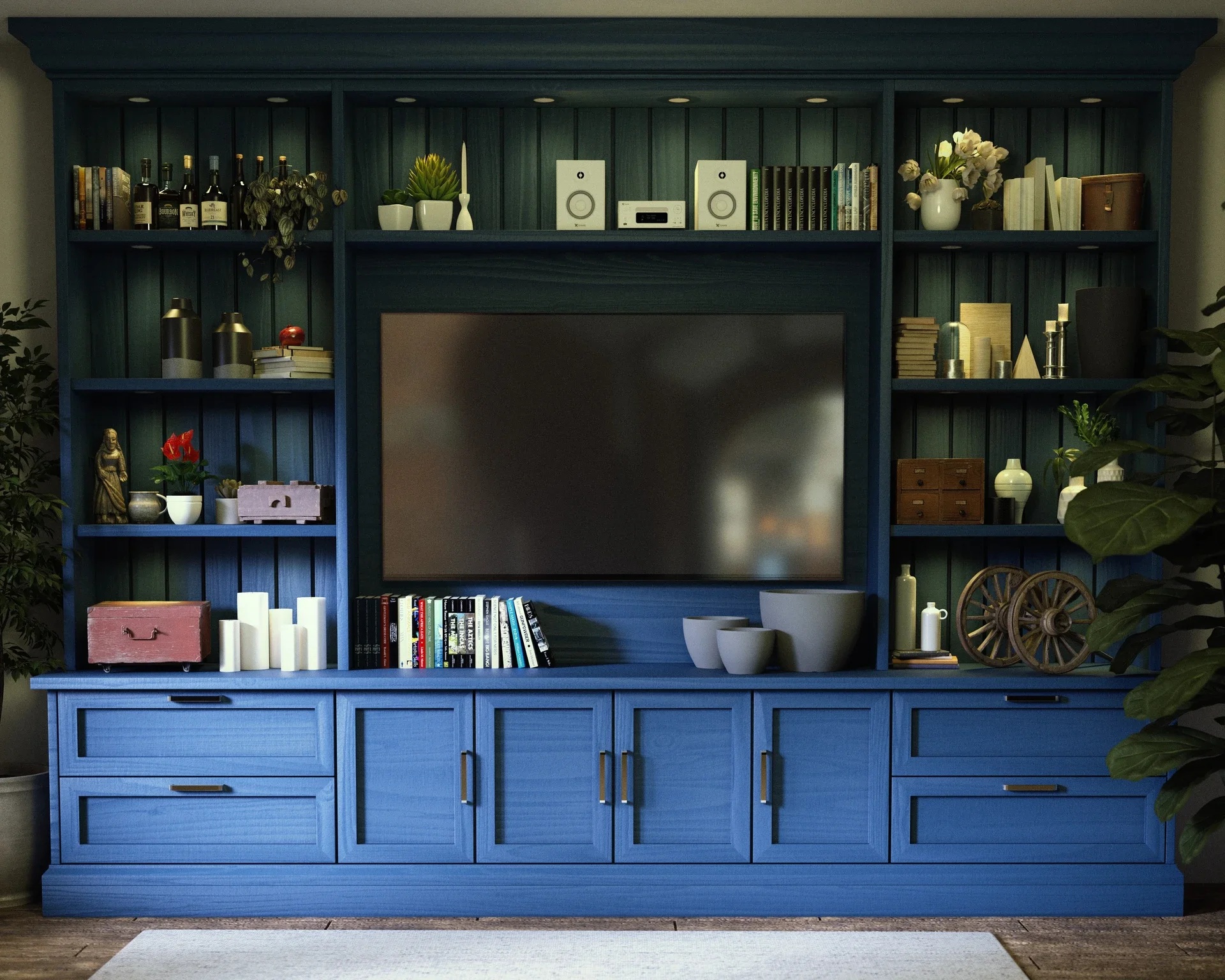Blue entertainment center with shelves holding books, decorative objects, and plants, with a flat-screen TV in the center.