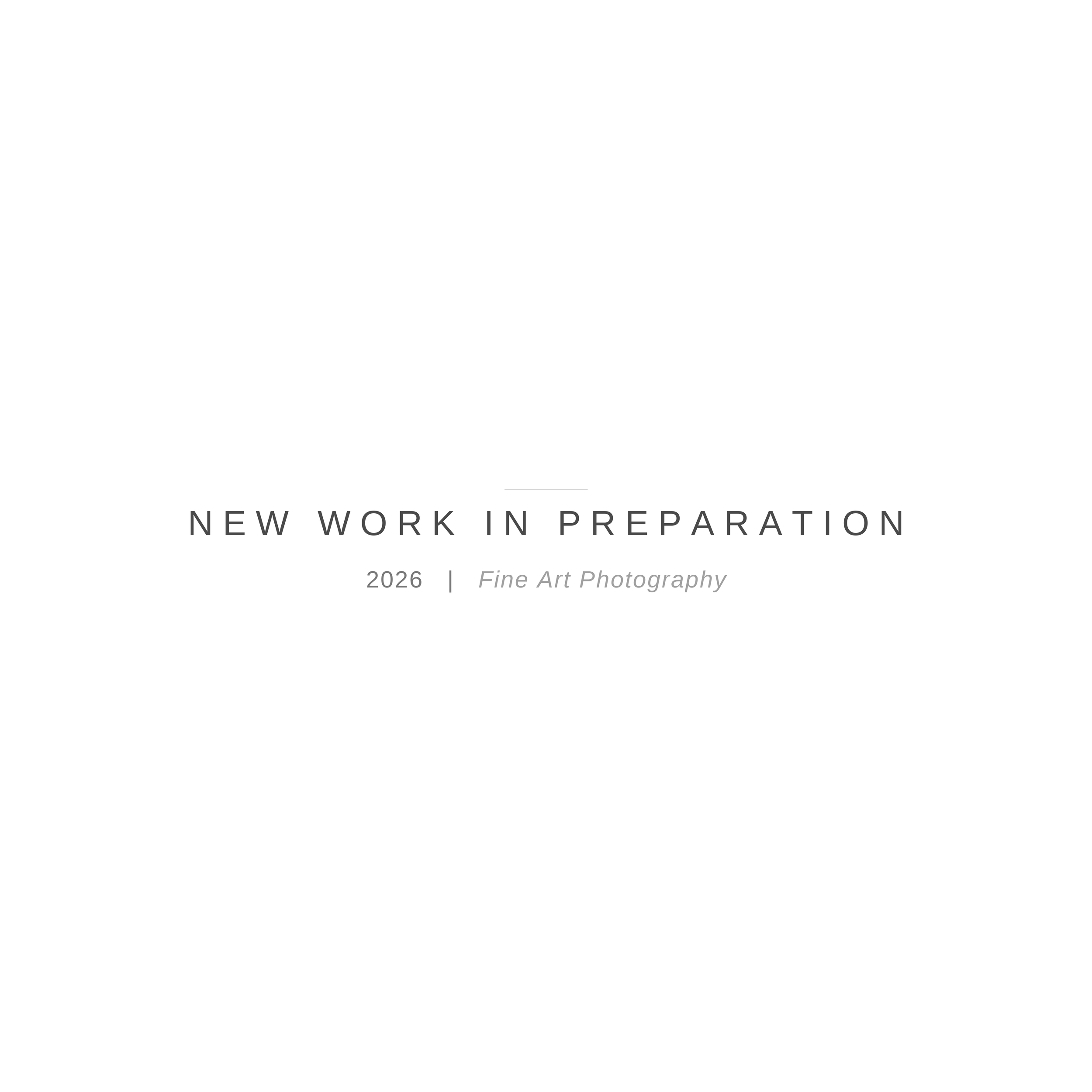 A white background with black text that reads 'NEW WORK IN PREPARATION' and the year '2026', along with a faint logo or watermark reading 'Fine Art Photography'.