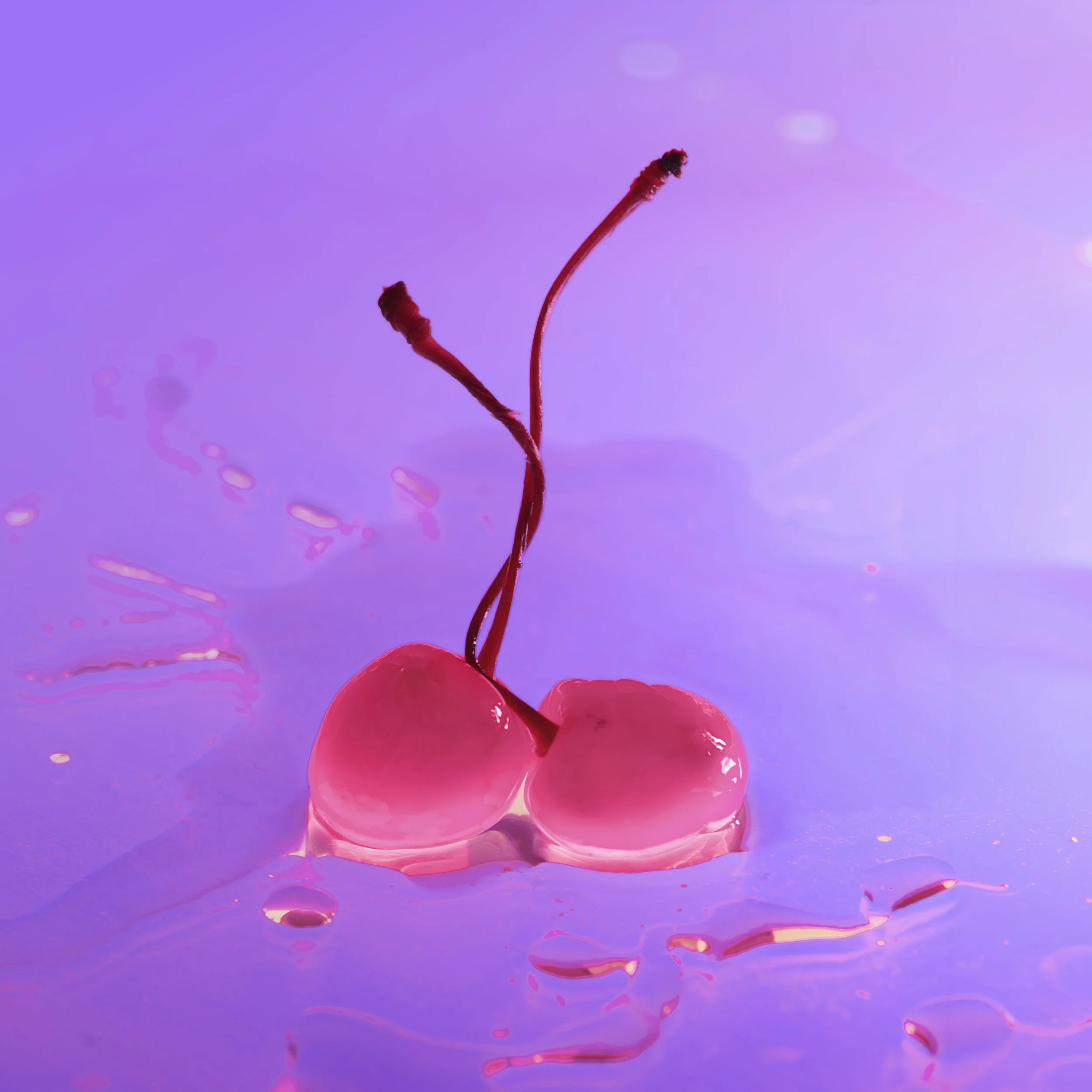Close-up of 2 cherries with a purple background.