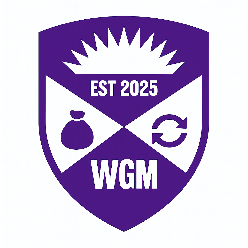 A purple shield logo with a sunburst at the top, the text "EST 2025" in the center, a money bag icon on the left, a refresh symbol on the right, and the letters "WGM" at the bottom.