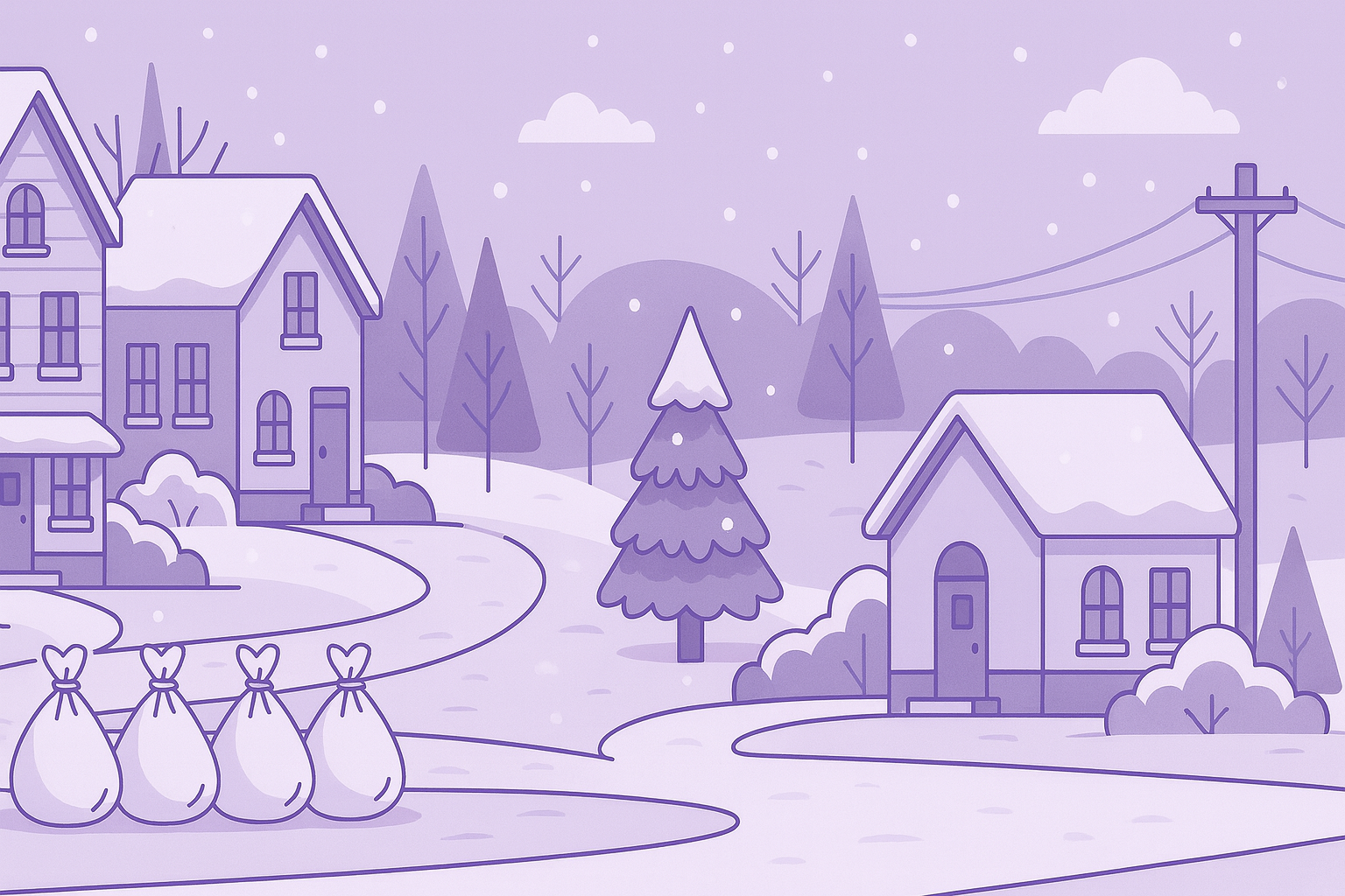 A purple-toned illustration of a winter landscape with houses, trees, a snow-covered road, snow on the ground and rooftops, falling snow, and a mountain in the background.
