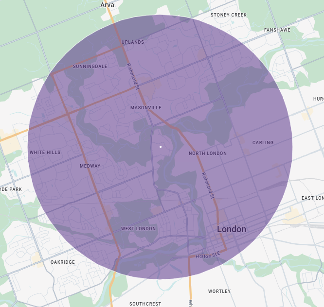 Map of London with a purple circle overlay covering various neighborhoods such as White Hills, Medway, West London, North London, and Carling.