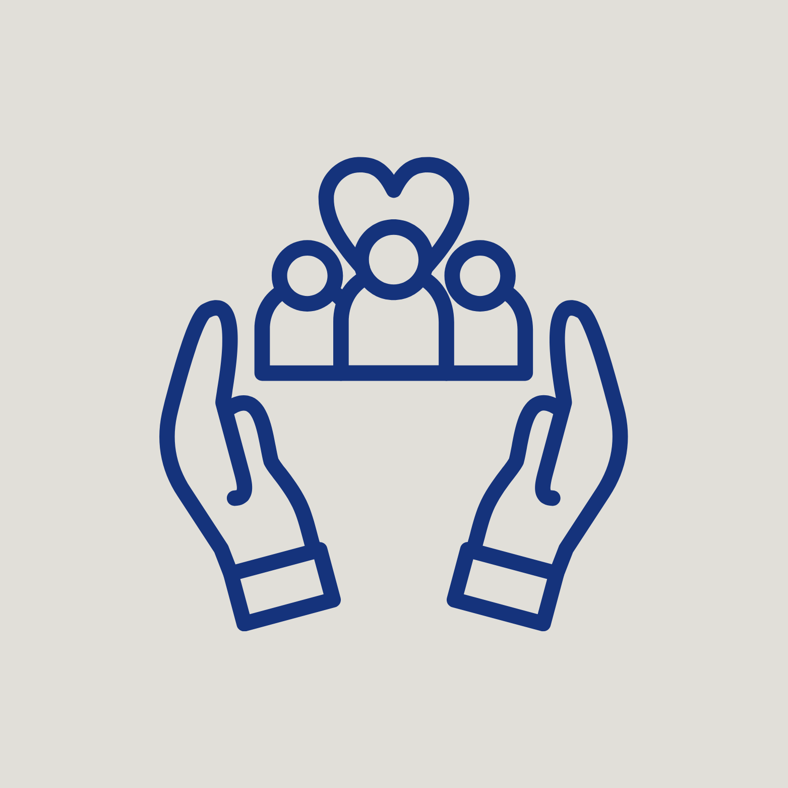 Outline drawing of two hands holding a group of three people with two hearts above their heads