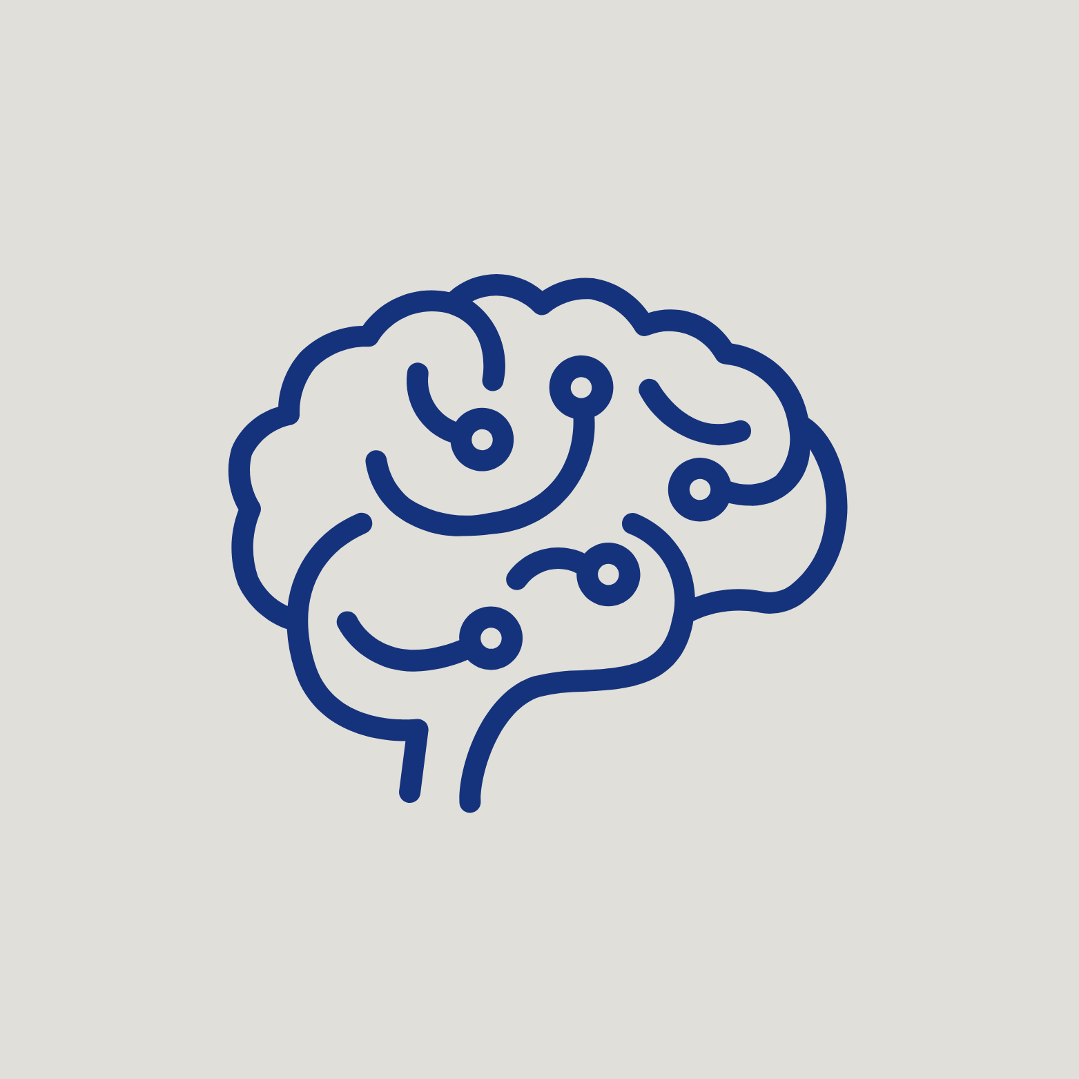 Outline illustration of a human brain with connected nodes, representing Alzheimer's and Dementia care solutions in Springboro, Ohio and West Chester, Ohio. 