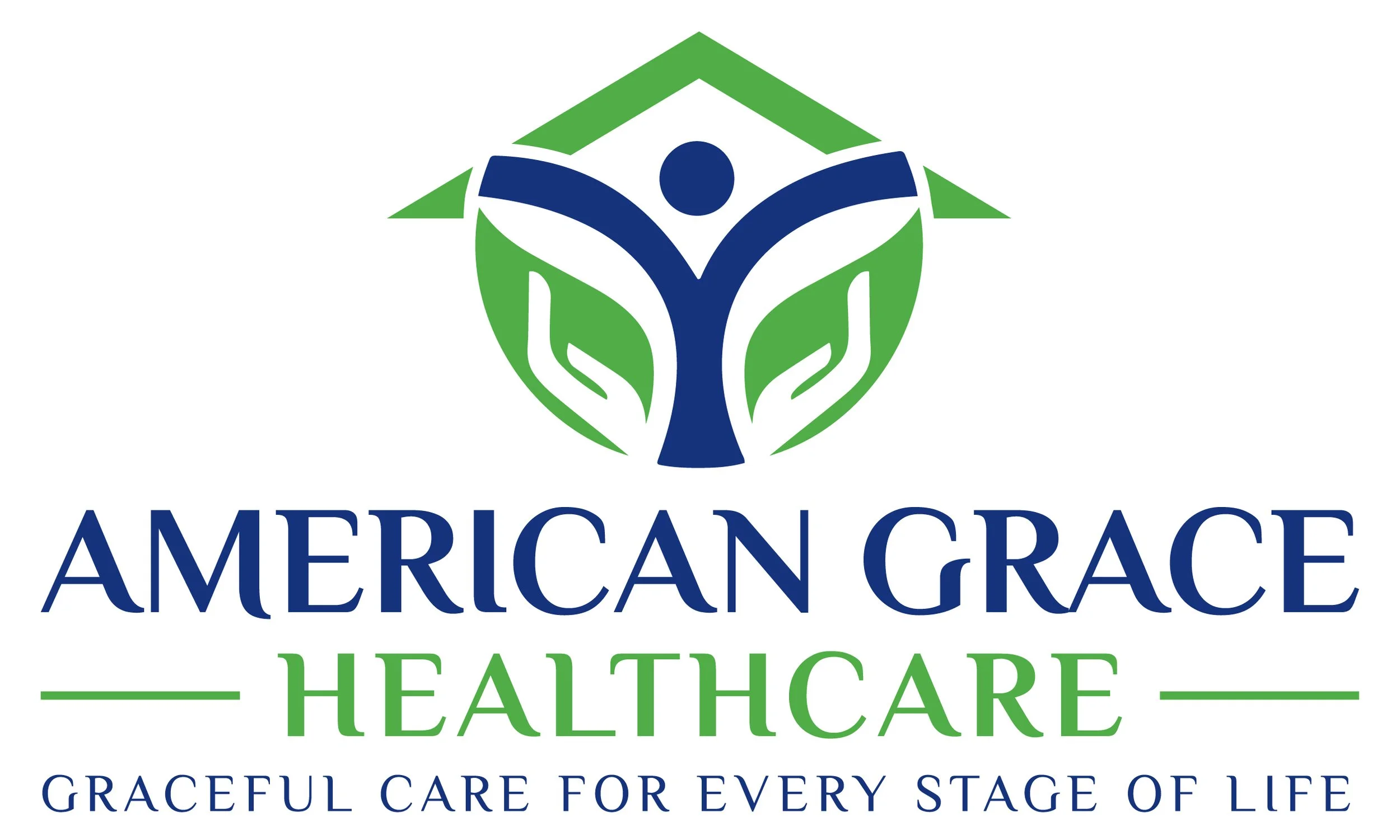 Logo of American Grace Healthcare featuring a stylized person with open arms inside a shield shape, with green and blue colors, and the tagline "Graceful care for every stage of life."