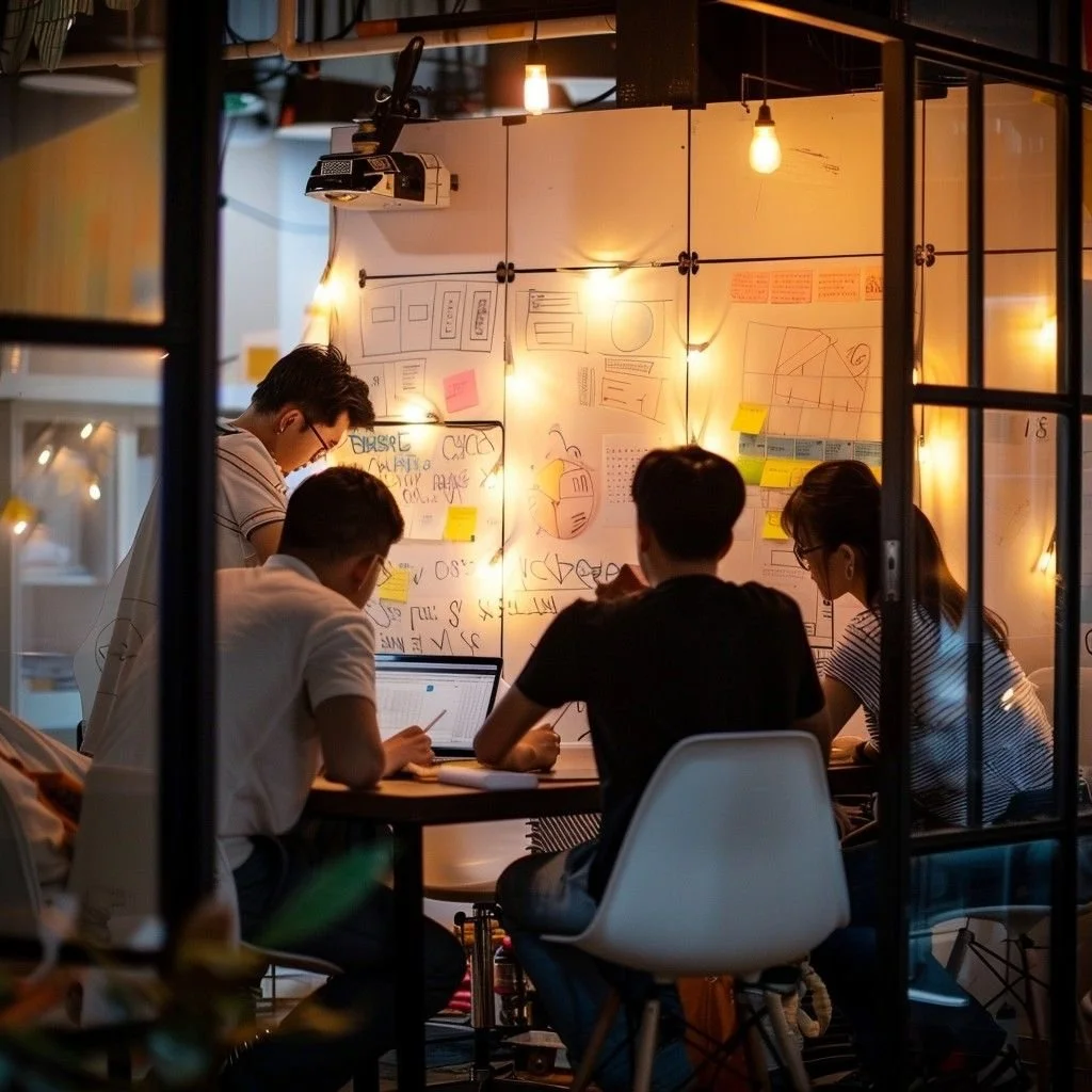 Grupo de personas trabajando en una sala de reuniones con pizarras llenas de notas, diagramas y mapas, iluminadas con luces cálidas.