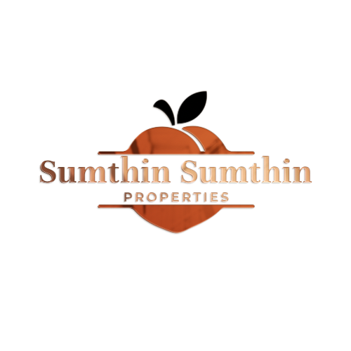 Logo for Sumthin Sumthin Properties, featuring a peach with a leaf on top.