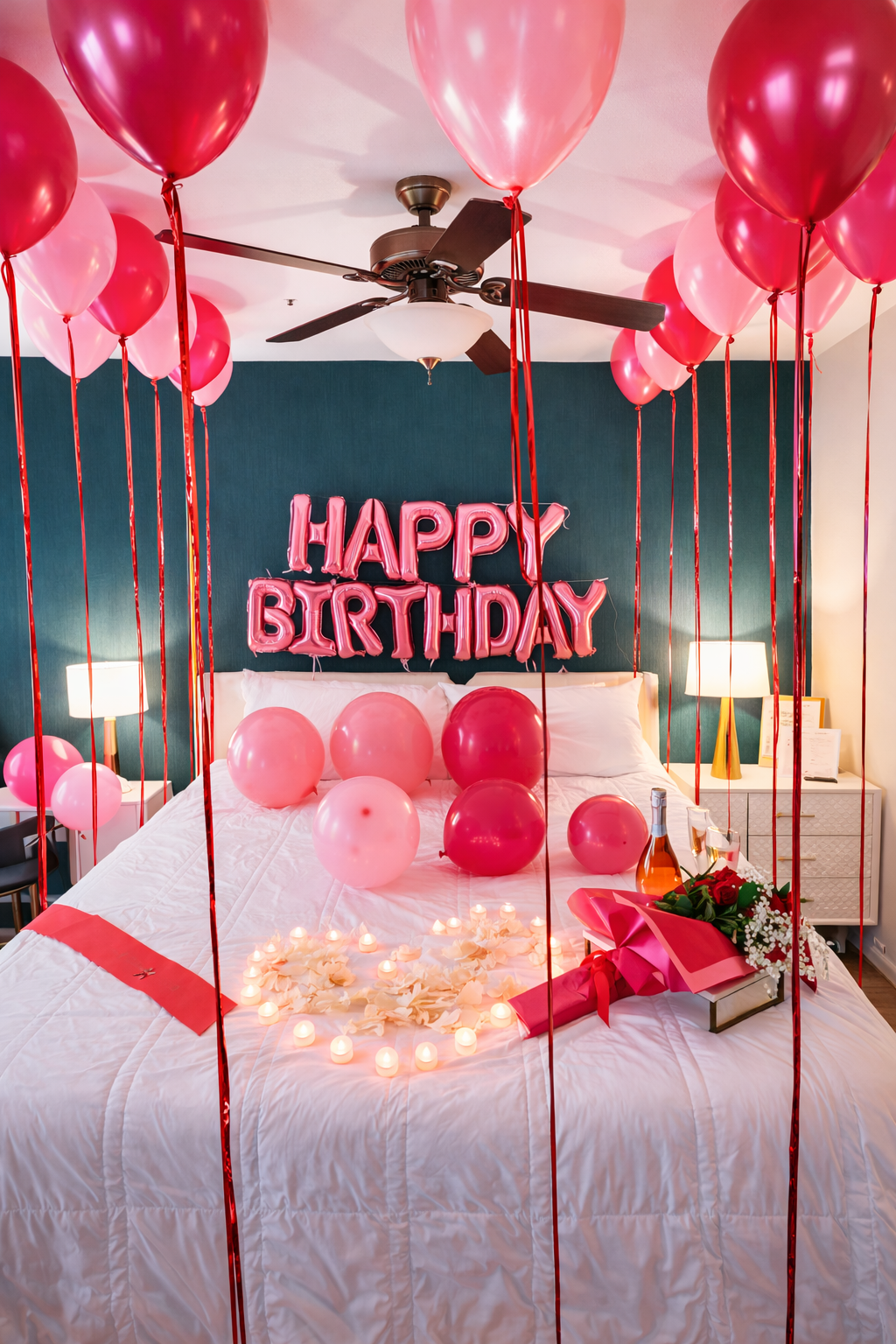 A decorated bedroom with pink and red balloons, a "Happy Birthday" balloon sign on the wall, and candles arranged in a circle on the bed. There are also flowers and a bottle of champagne on the bed.