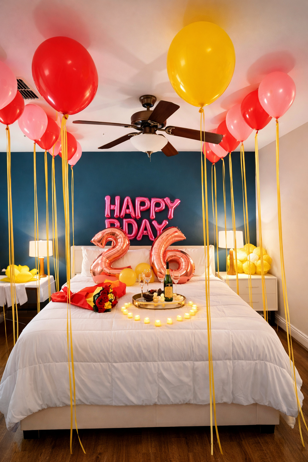 Decorated bedroom for a 26th birthday celebration with balloons, a 'HAPPY B'DAY' sign, balloons in the shape of the number 26, a bouquet of roses, candles, and a tray with drinks and desserts.