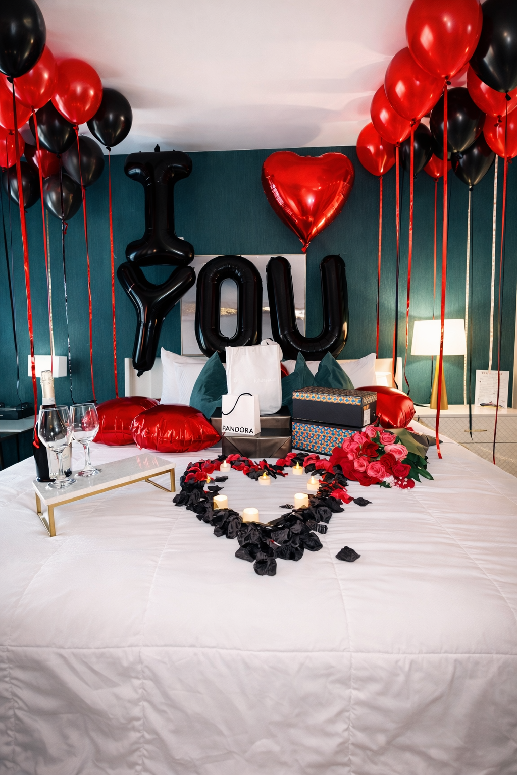 A decorated hotel room with black and red balloons, large balloon letters spelling "I LOVE YOU," a heart-shaped balloon, candles, a bouquet of roses, wine glasses, and gift boxes on the bed, suggesting a romantic celebration.