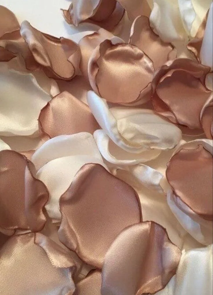A close-up of satin rose petals in shades of champagne, beige, and white, arranged in a decorative pattern.