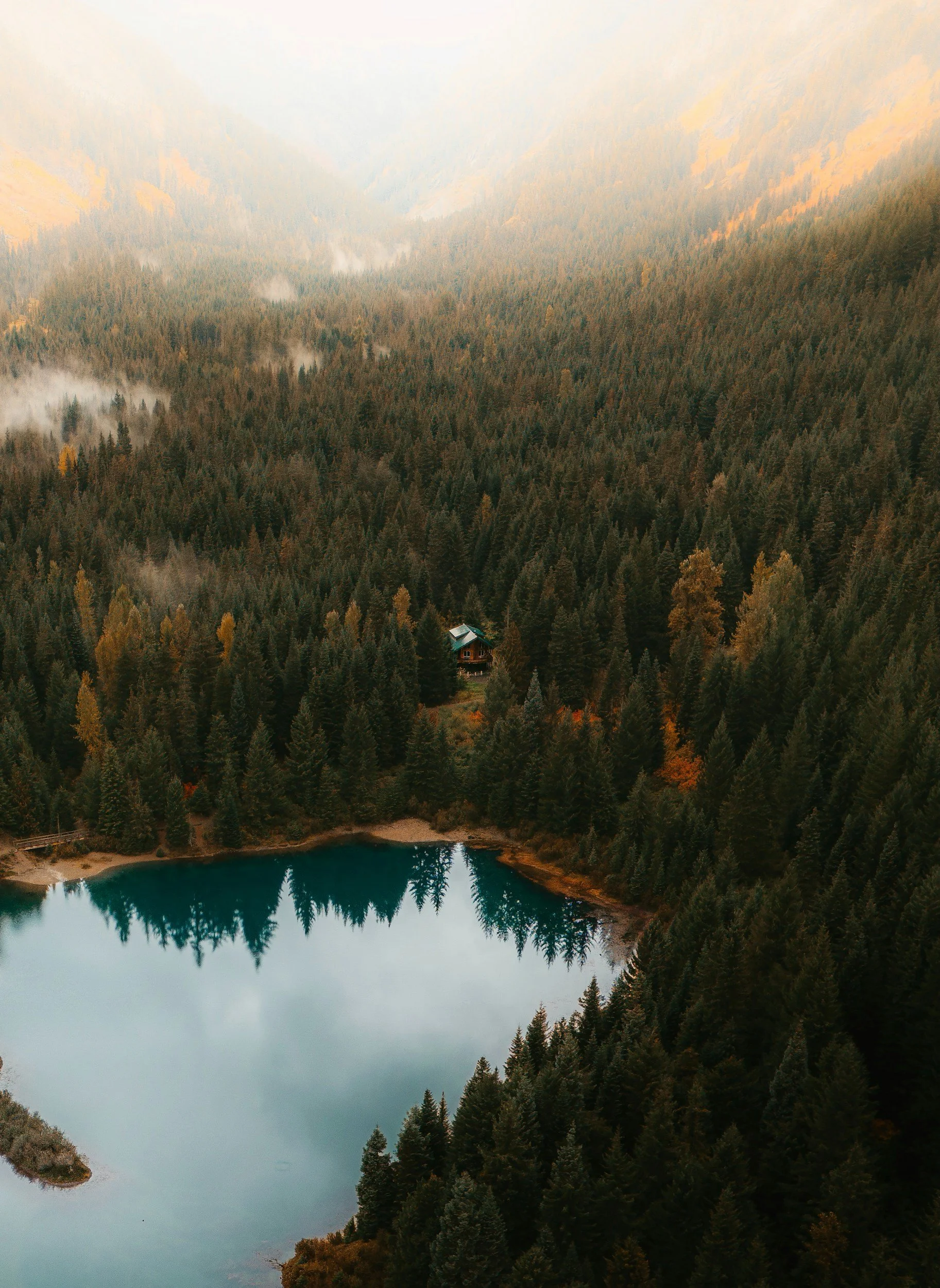Aerial view of a forested landscape with a small lake, surrounded by dense trees and a mountain in the background, with a cabin near the lake.