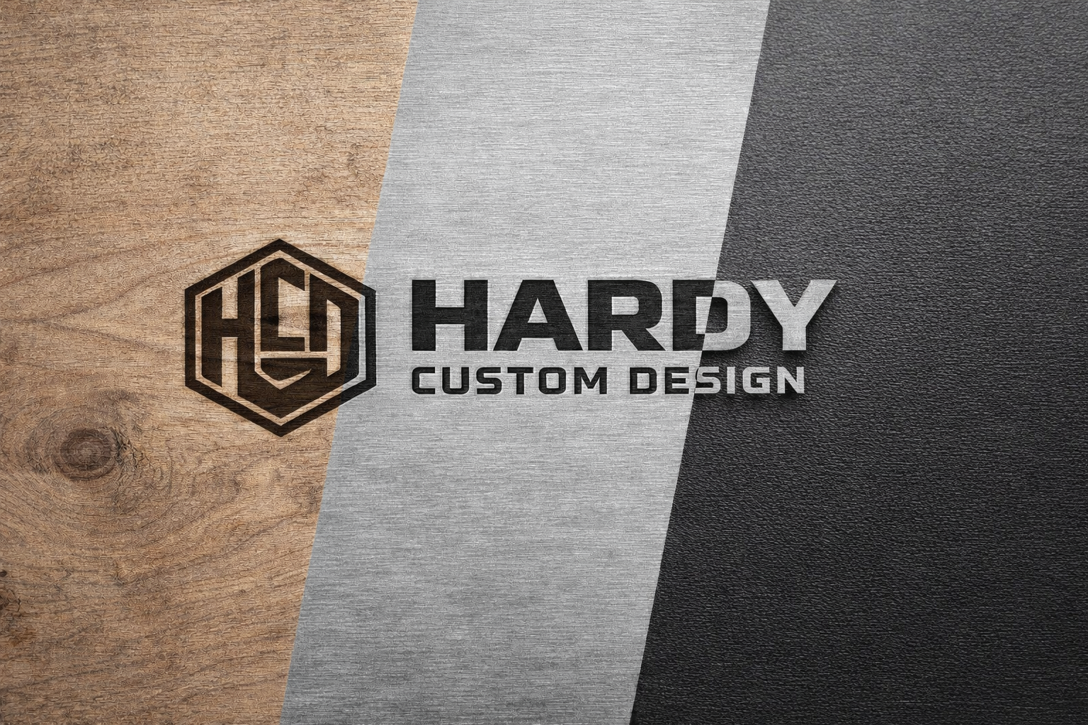 Logo for Hardy Custom Design with a black hexagon containing the initials HCD and the text 'HARDY CUSTOM DESIGN' on a background of wood, gray, and black textures.