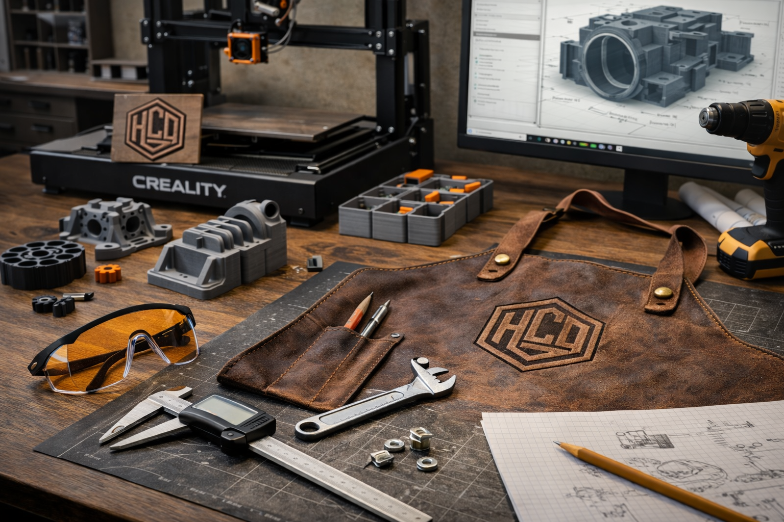 A workspace with a 3D printer, various 3D printed parts, tools, and design sketches on a wooden desk.