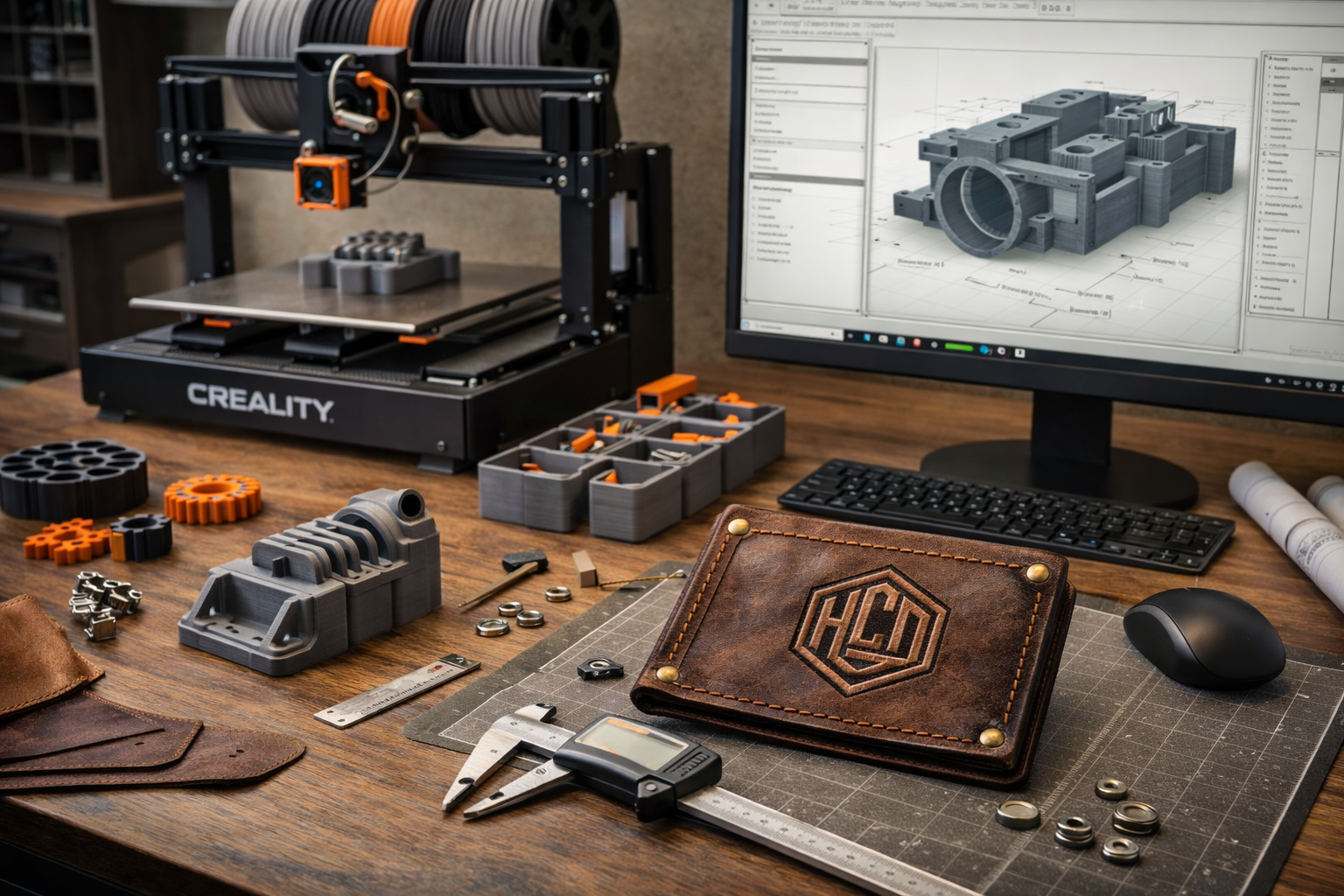 A workspace with a 3D printer, a computer monitor displaying a CAD model of a mechanical part, assorted 3D printed parts, tools including calipers, nuts, and bolts, a leather wallet, and rolled-up blueprints on a wooden desk.