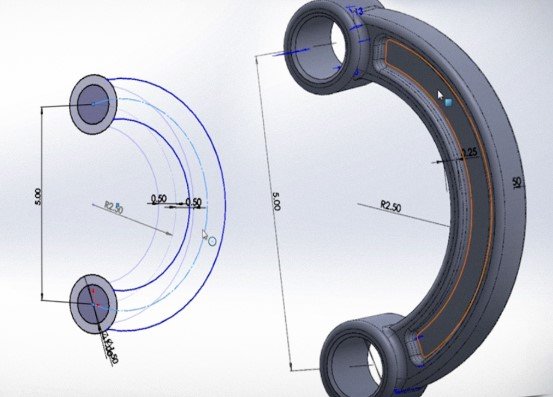 3D CAD model of a curved mechanical part with circular openings and detailed dimensions.
