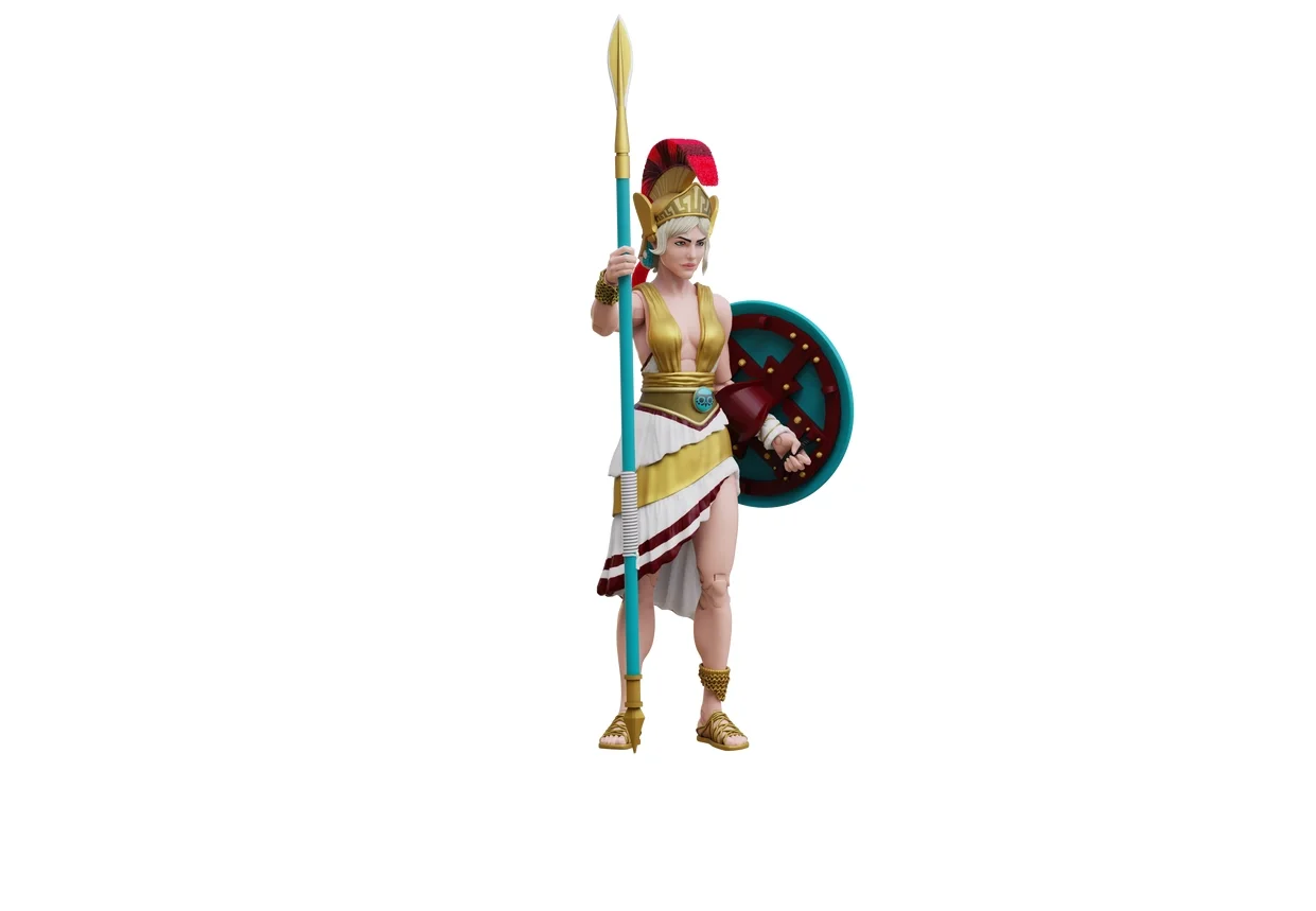 A female warrior dressed in ancient Greek-style armor holding a spear and a round shield.