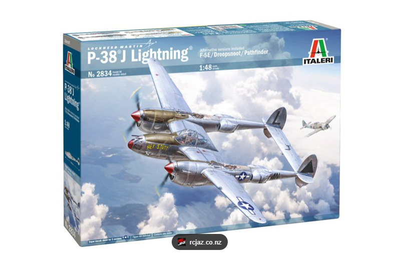 Italeri 2834 P‑38J Lightning 1:48 scale WWII aircraft model kit. Detailed twin‑engine fighter kit for hobbyists and collectors.