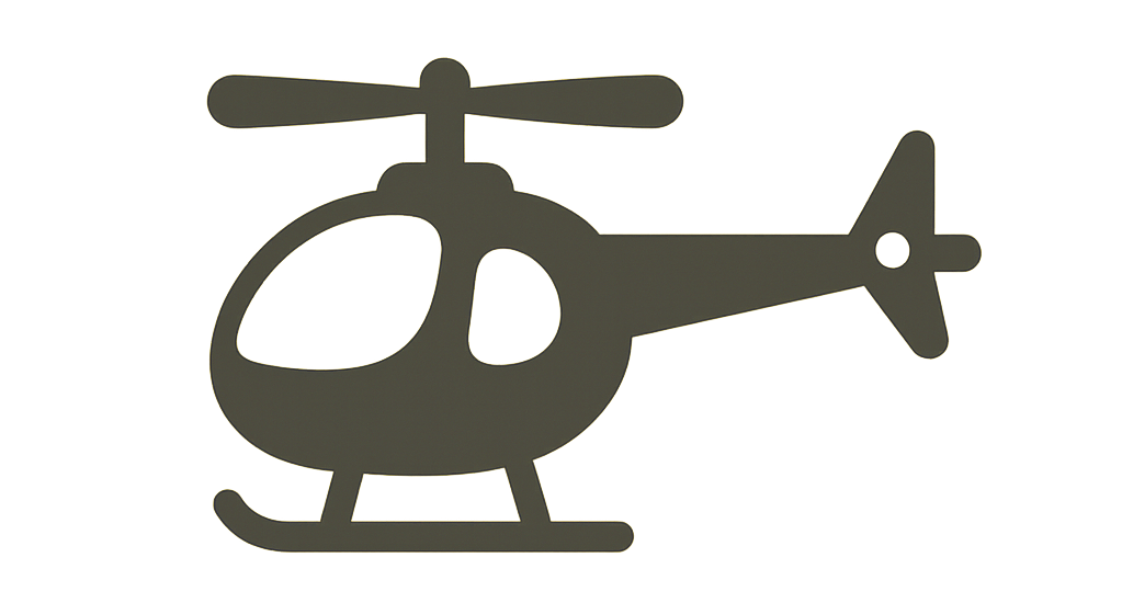 Silhouette of a helicopter with a rounded cockpit, tail rotor, and main rotor on top.