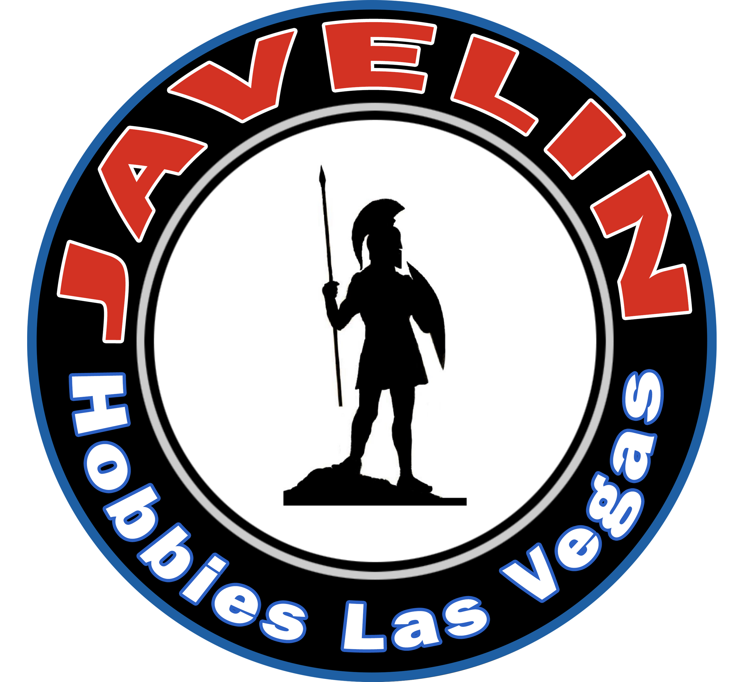 Logo for Javelin Hobbies Las Vegas, featuring a silhouette of a soldier with a spear and shield, surrounded by the company name in red, white, and blue text.