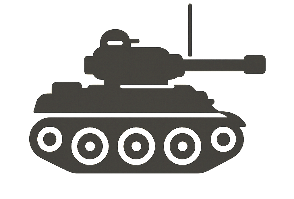 Silhouette of a military tank with a long barrel and five wheels.