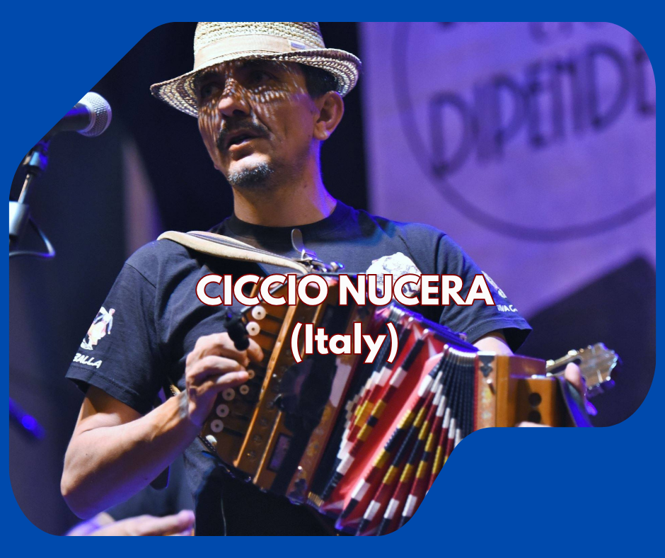 Ciccio Nucera, the "king” of the Calabrese tarantella! The style  in teaching traditional dances and the tambourine and accordion techniques make him an almost unique character capable of transmitting all his energy especially on stage. “The tarantel