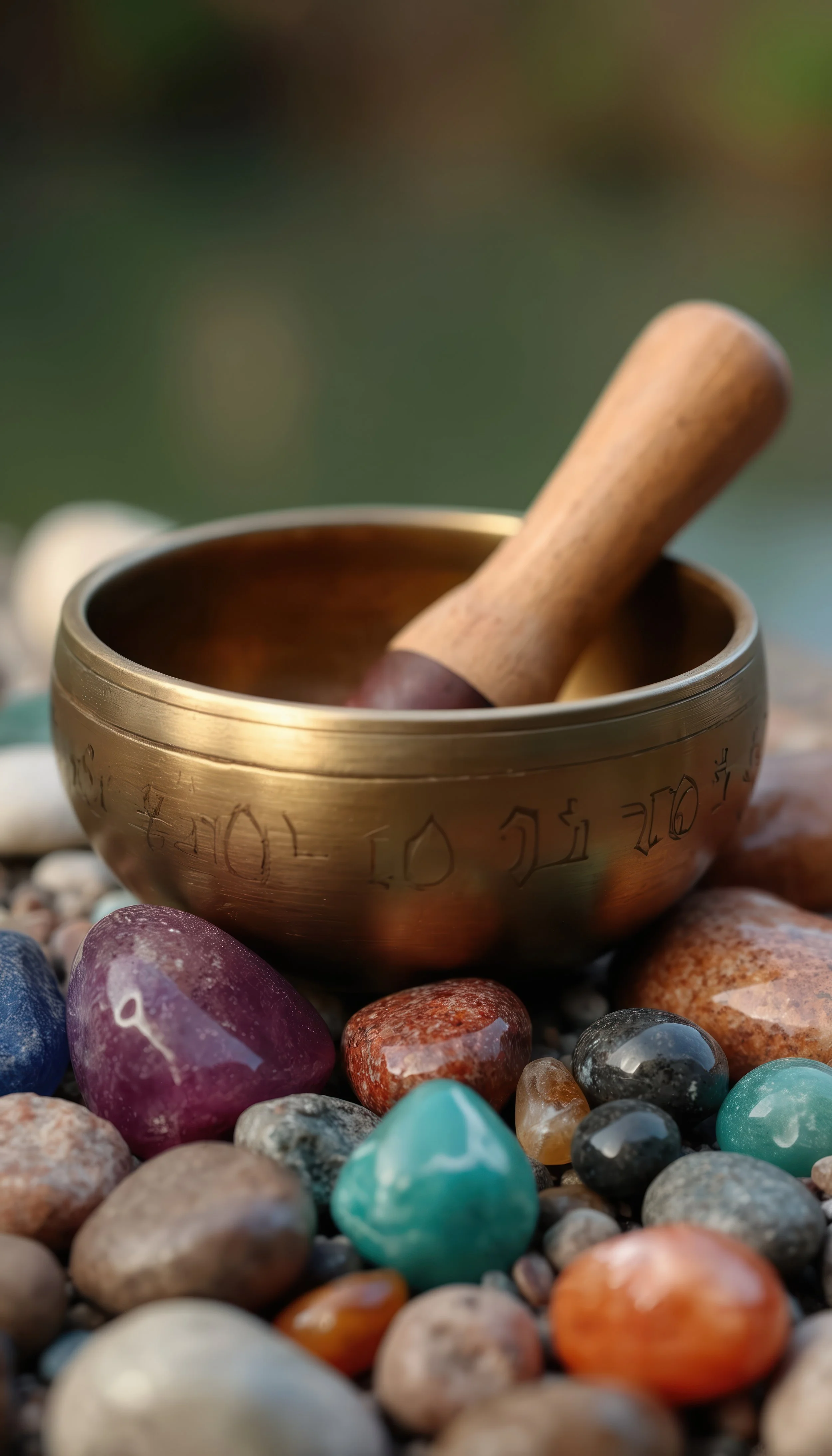 A brass singing bowl with a wooden mallet resting on its rim, surrounded by colorful smooth stones on a gravel surface.