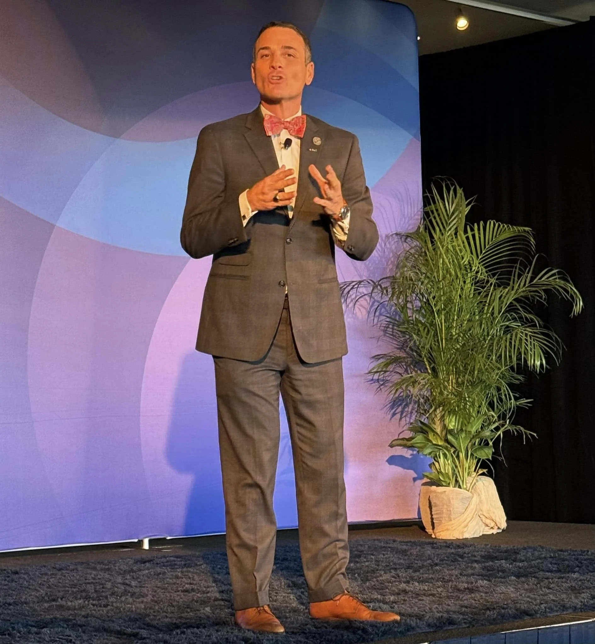 A professional speaker in a gray suit and bow tie stands on a stage, gesturing as he presents in front of a purple geometric backdrop, with a green plant on the right side of the stage.