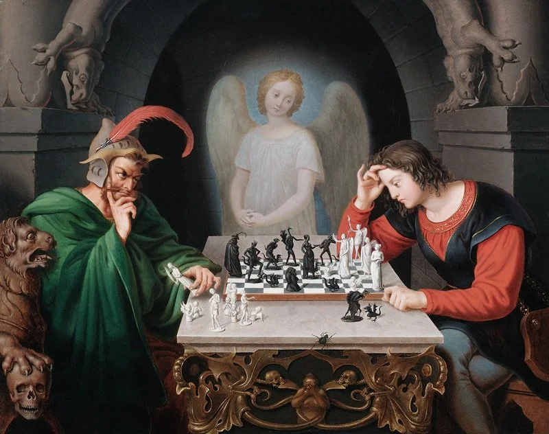 A religious-themed oil painting depicting a chess game between a man dressed as a king or saint with a beard and a woman with dark hair. An angel with wings observes from behind, with a luminous angelic figure in the background. The scene is set in a dark, ornate room with sculptures and skulls.