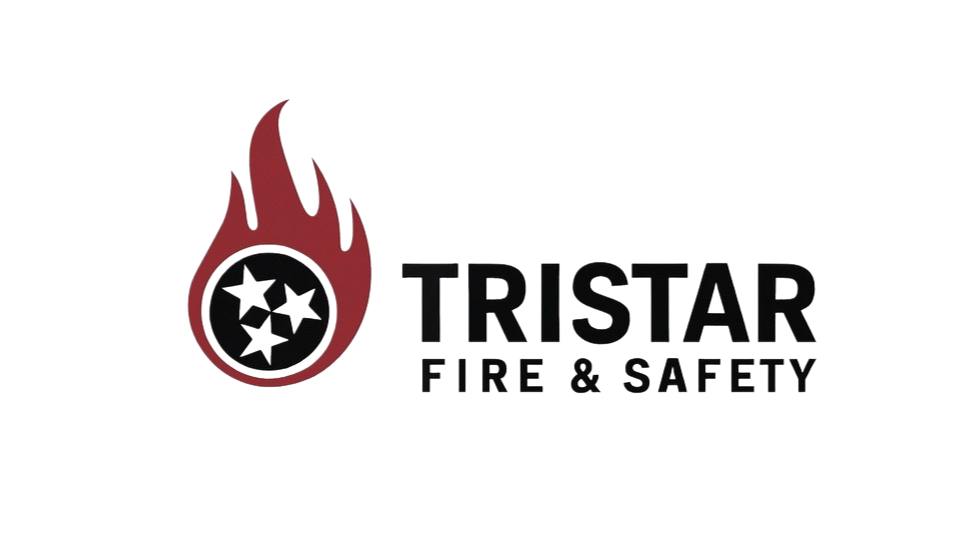 Logo for Tristar Fire & Safety with a stylized flame and three stars inside a circle.