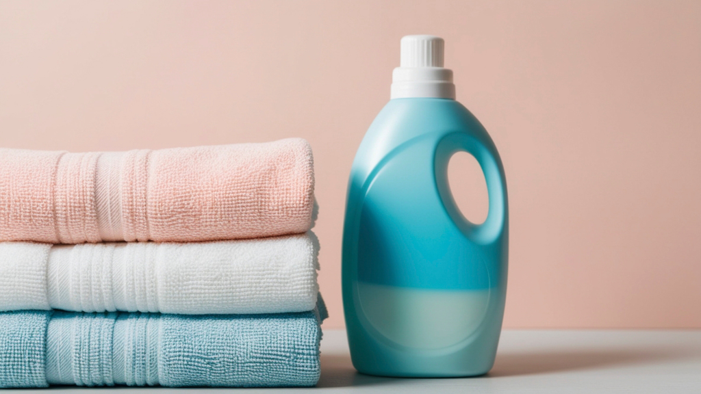Stacked pink, white, and light blue towels next to a bottle of blue laundry detergent.