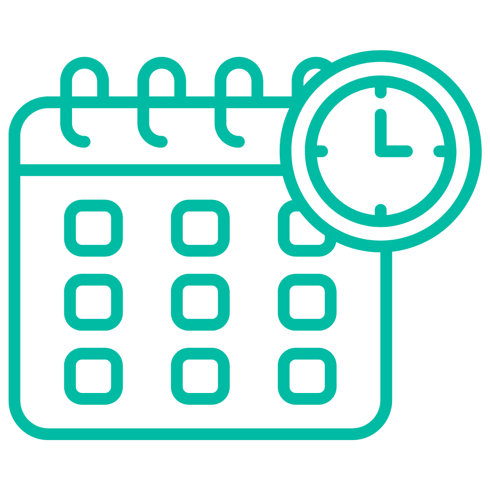 A calendar icon with a clock indicating time tracking or scheduling.