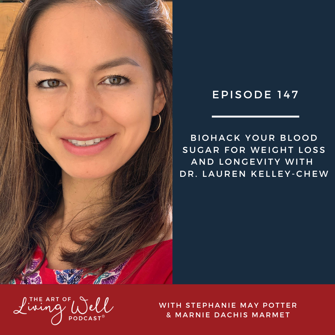 Close-up portrait of a smiling woman with long brown hair, light eyes, and hoop earrings, wearing a red top with purple and white patterns, against a background with a dark blue section containing podcast episode details and a maroon section with the