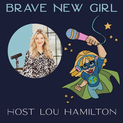 A graphic design with a photo of Lou Hamilton, a woman with blonde hair in a black and white animal print top, inside a circle on a dark blue background. The design features a cartoon superhero girl with a cape, glasses, and a microphone, flying over