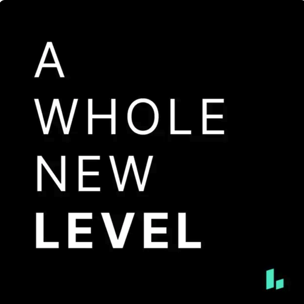 Text graphic with white text on a black background reading "A WHOLE NEW LEVEL" and a small teal logo at the bottom right corner.