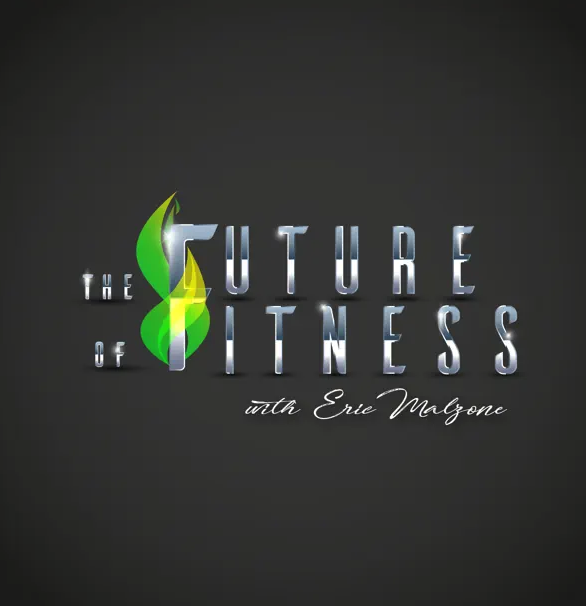 Logo for 'The Future of Fitness with Erie Malzone' featuring stylized green and gray flames and metallic text.