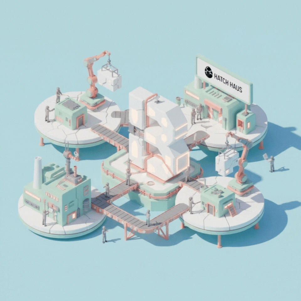 A stylized animated factory complex with robotic arms, conveyor belts, and small human figurines, labeled 'HATCH HAUS,' on floating platforms connected by walkways.