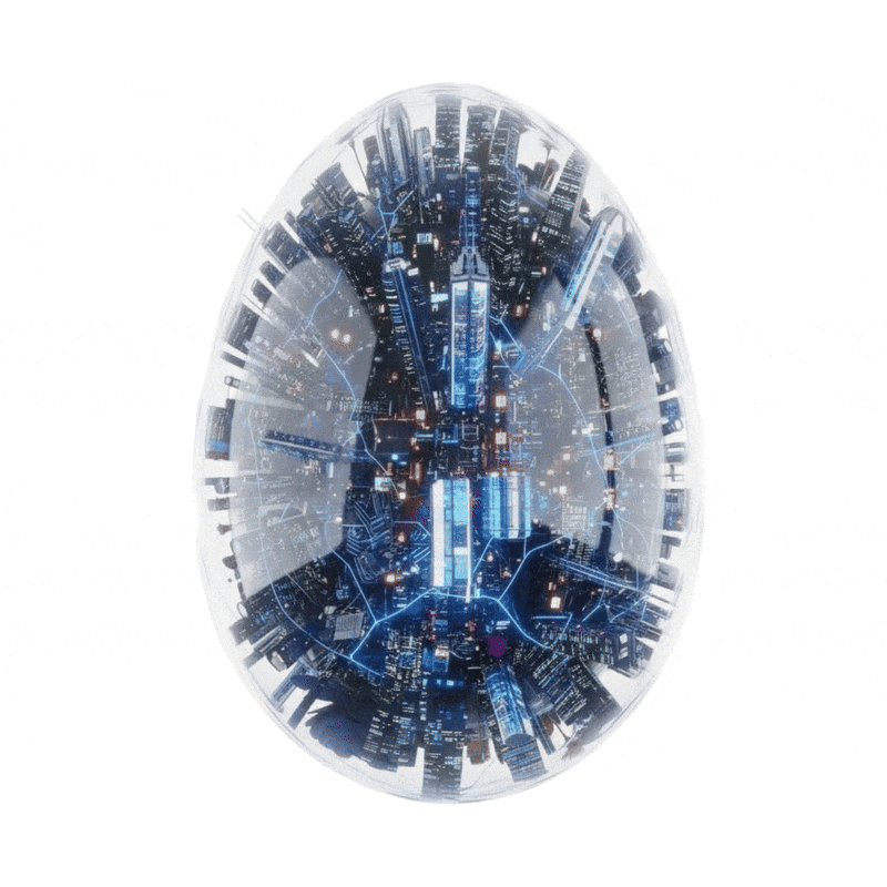 A futuristic cityscape inside a transparent oval-shaped structure, with tall skyscrapers and glowing blue lights.