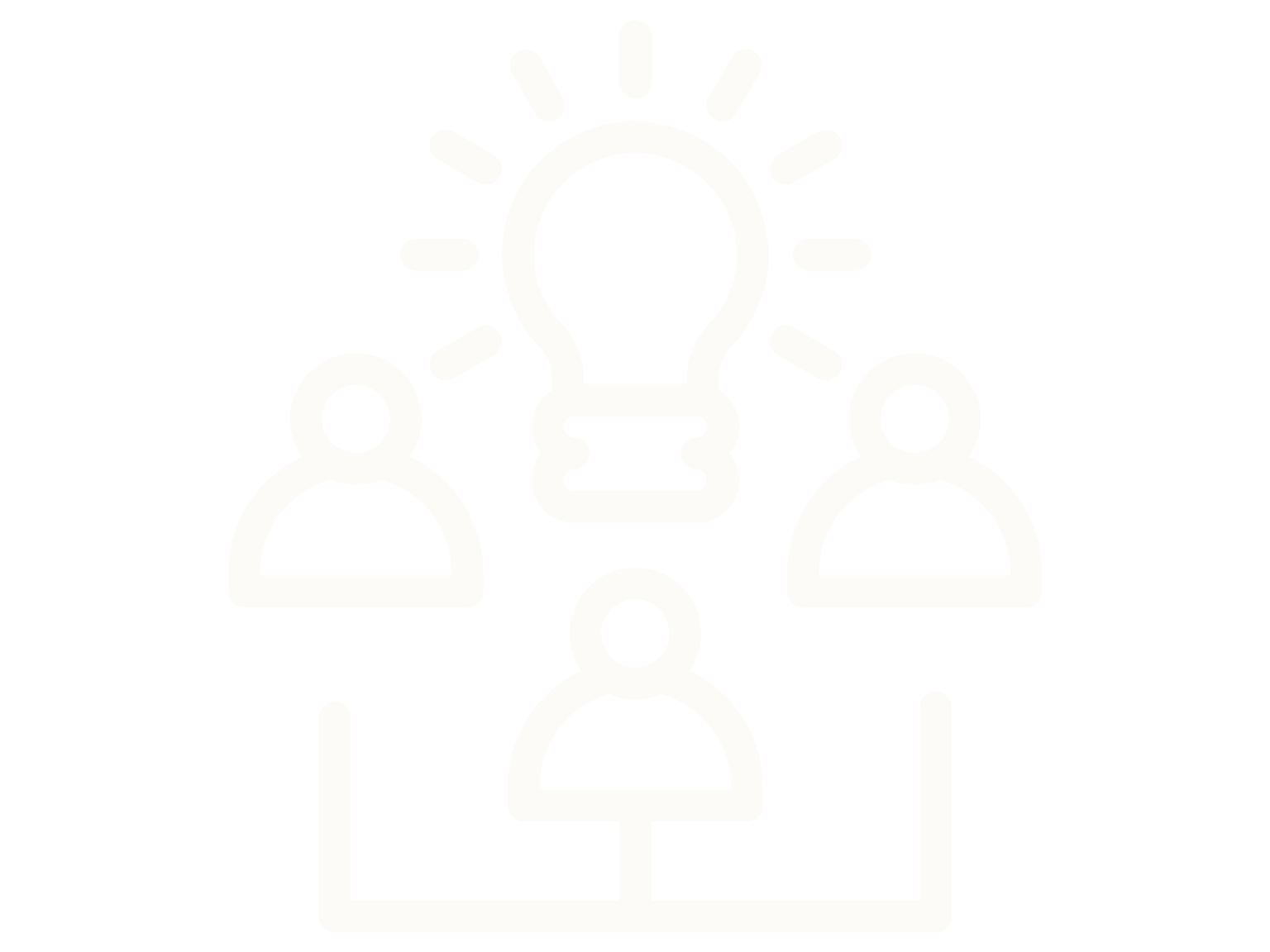 Outline icon of three people with a large lightbulb above them, representing ideas or teamwork.