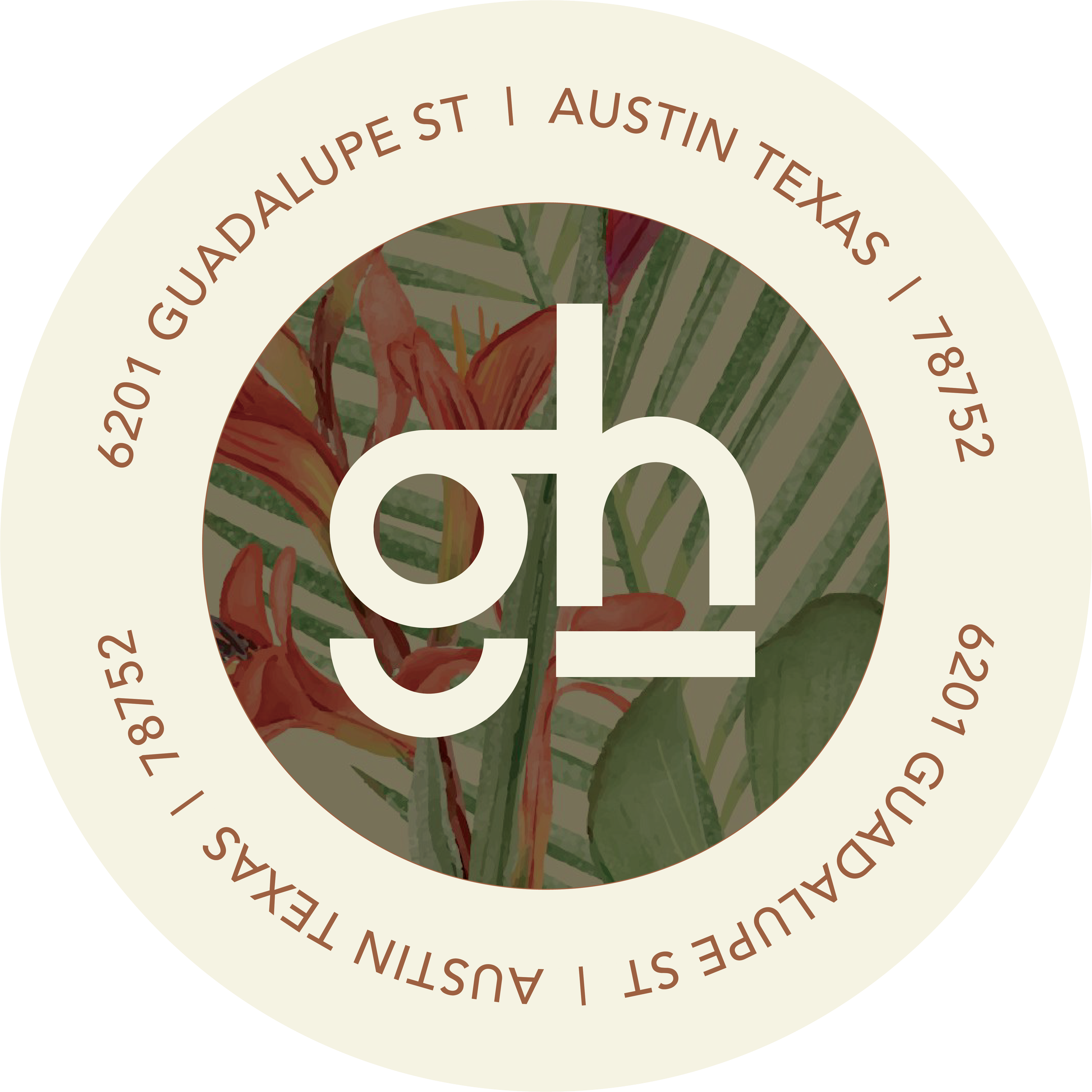 A circular logo with an outer cream ring that contains brown text detailing event information in Austin, Texas, from February 18 to 19, 2021. The inner circle features an abstract floral or botanical background with shades of orange and green, and a prominent white lowercase "on" in the center.