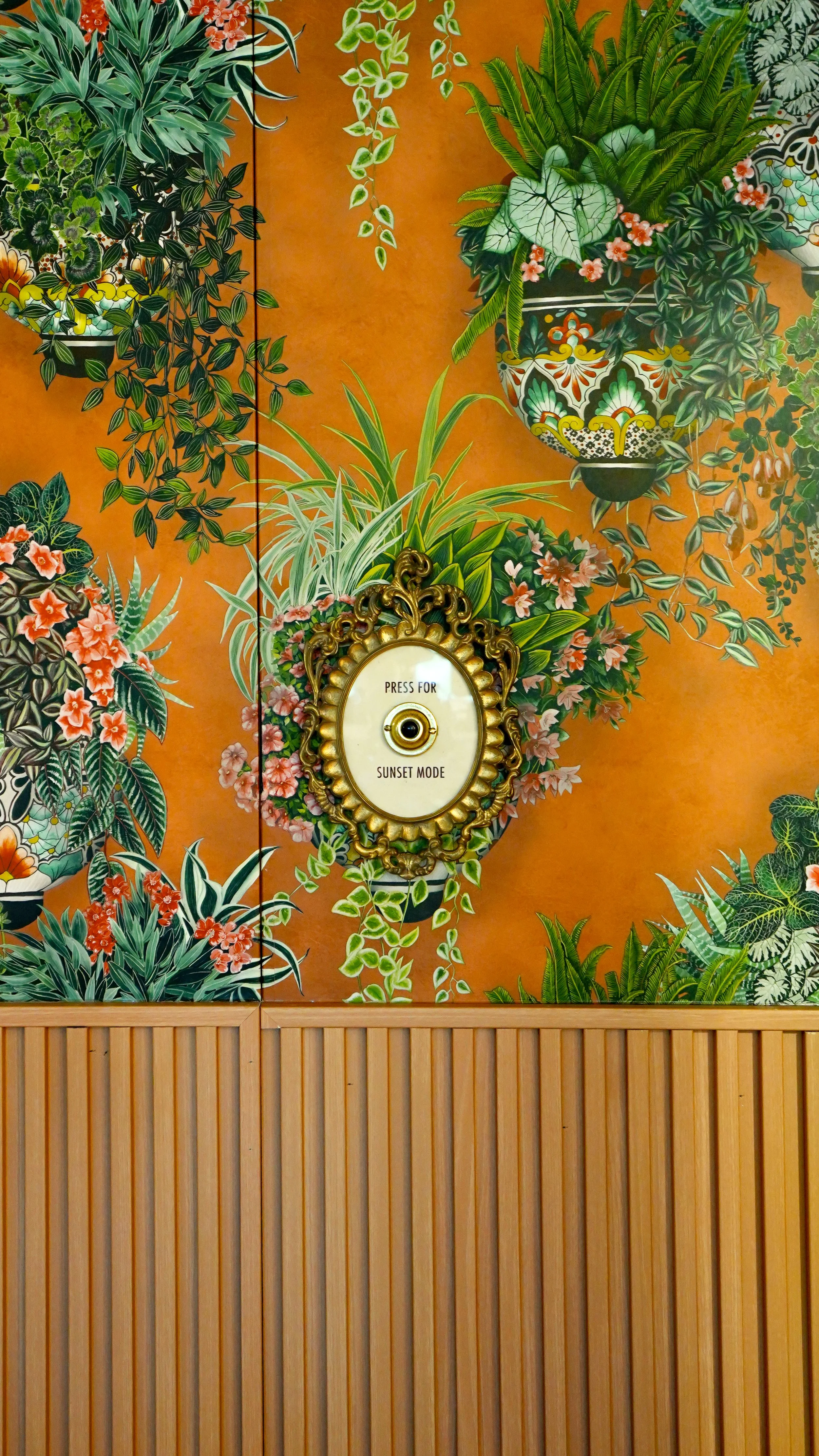 Decorative floral wallpaper with hanging plant pots and a golden framed switch labeled 'Press for Sunset Mode' against a wooden-paneled wall.