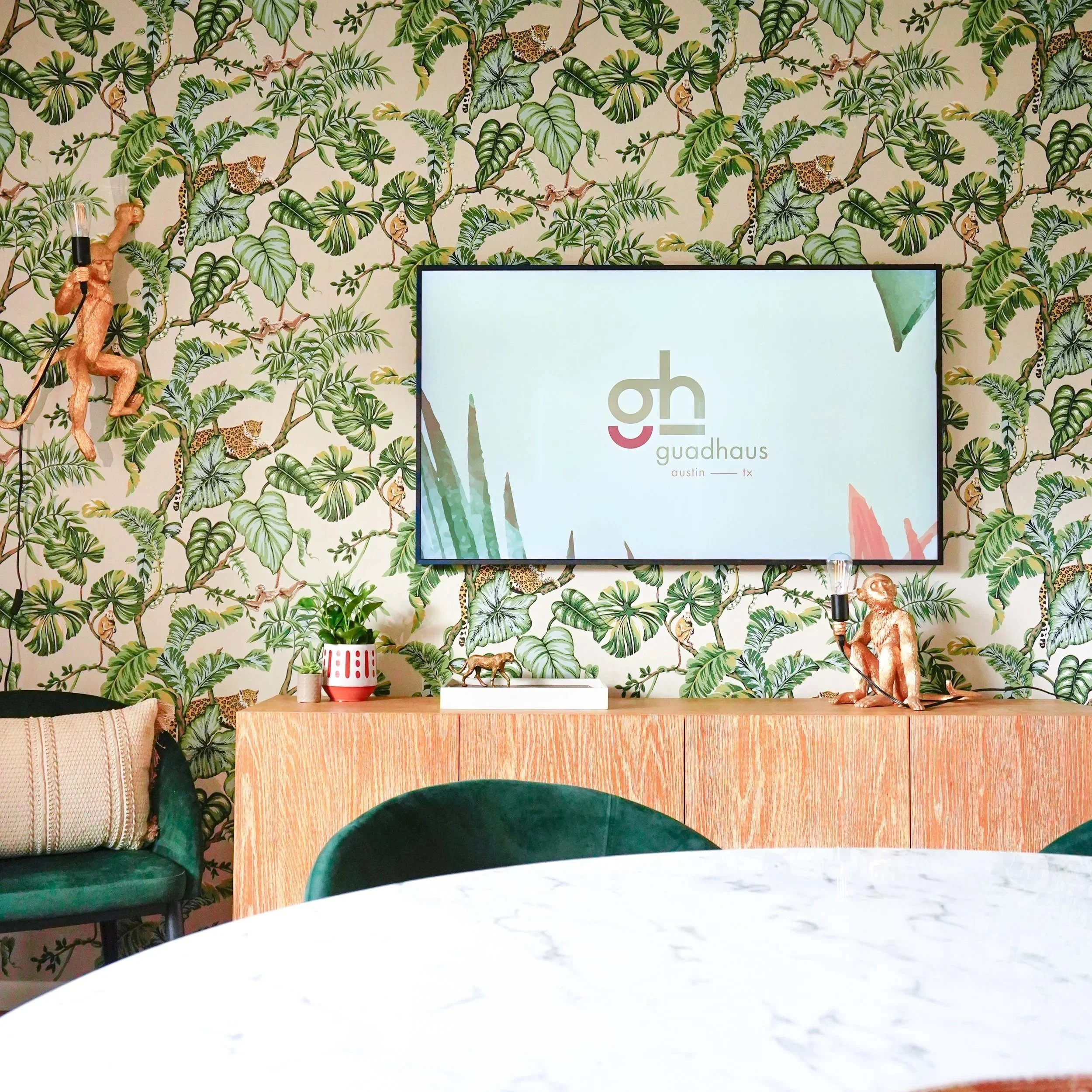 Palm Lounge seating area at Guad Haus creative offsite venue in Austin Texas
