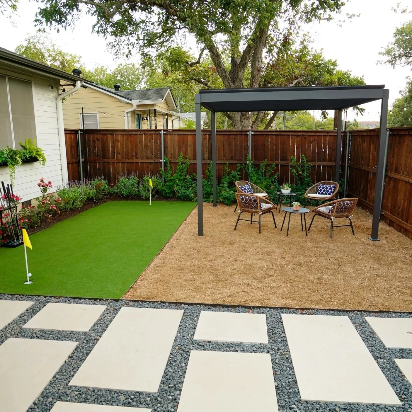 Outdoor gathering space at Guad Haus designed for team offsites and social events in Austin