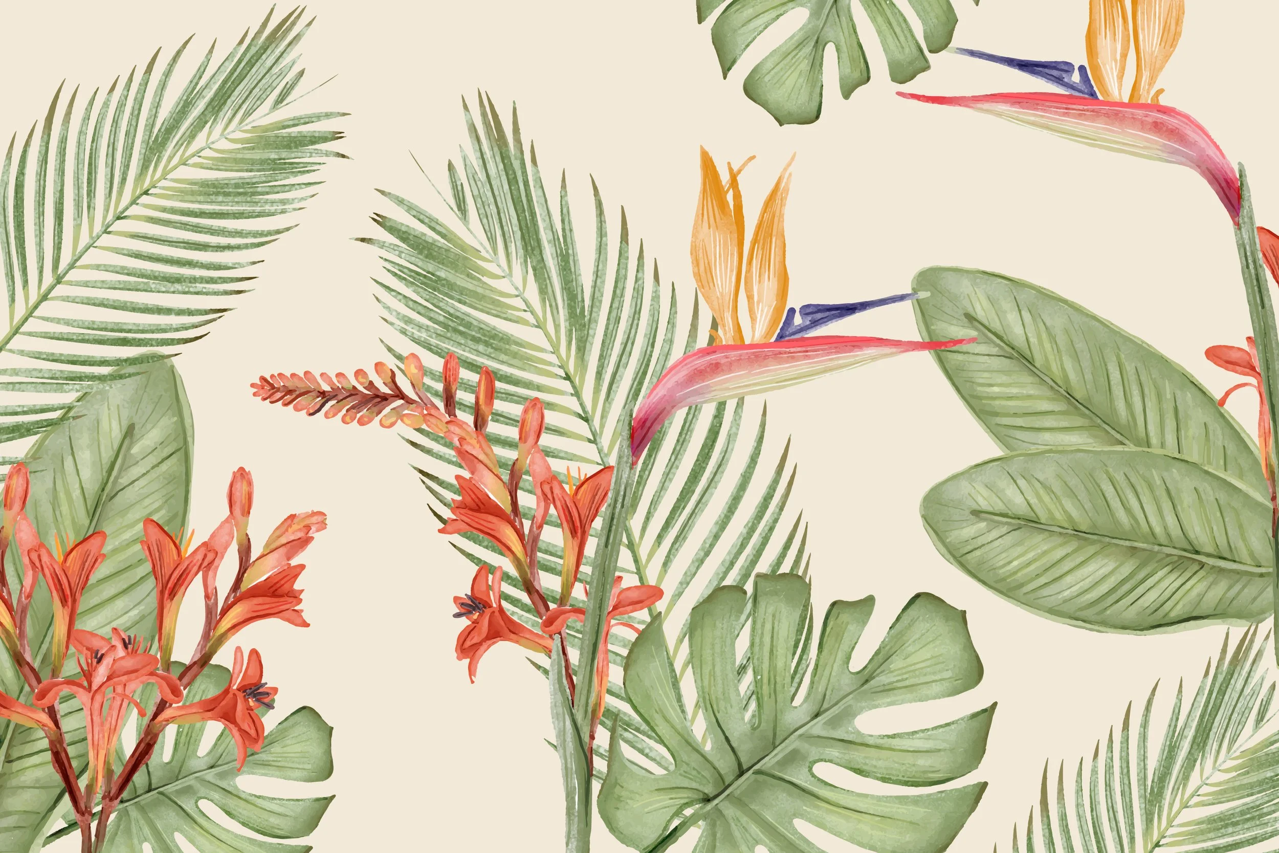 Watercolor illustration of tropical leaves and flowers, including palm fronds, monstera leaves, bird of paradise flowers, and other colorful foliage on a beige background.
