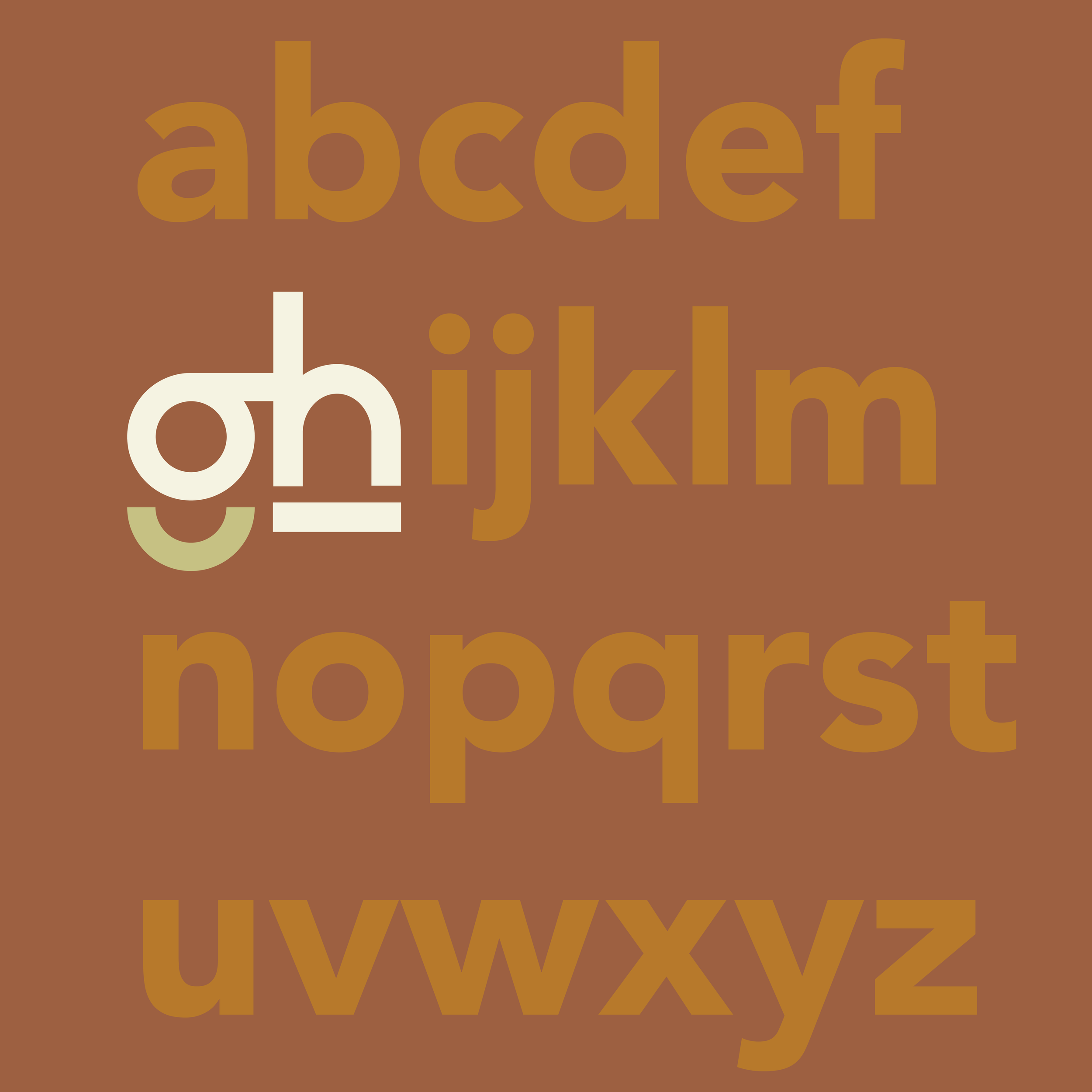 Colored lowercase alphabet letters on a brown background, with the letter 'g' highlighted in white.