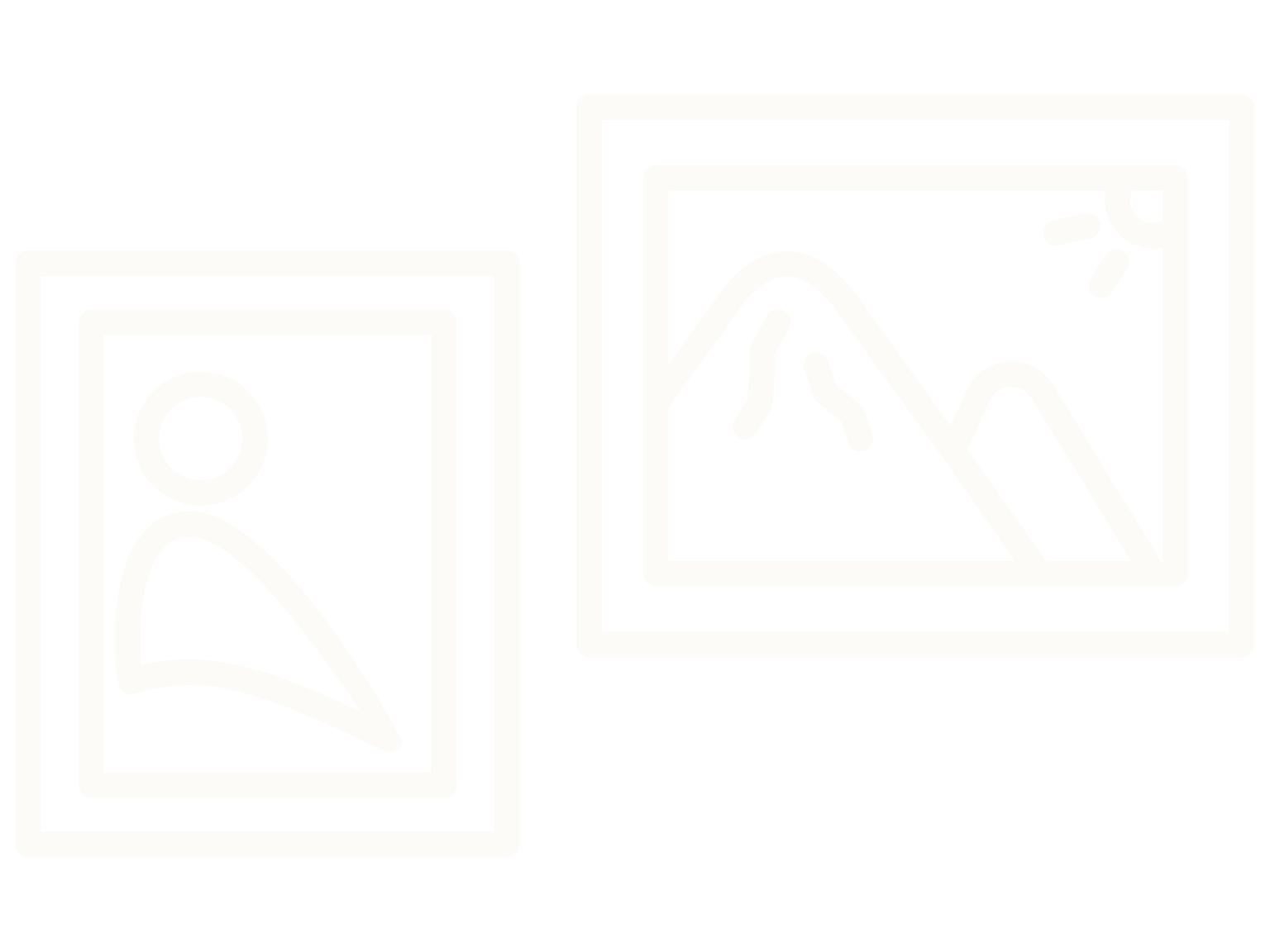 Line drawings of two framed pictures, one with a human figure silhouette, the other with a mountain landscape and sun.